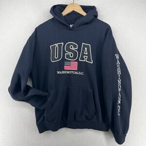 USA WASHINGTON DC Hoodie Adult L Fleece Sweatshirt US Flag Pullover Blue